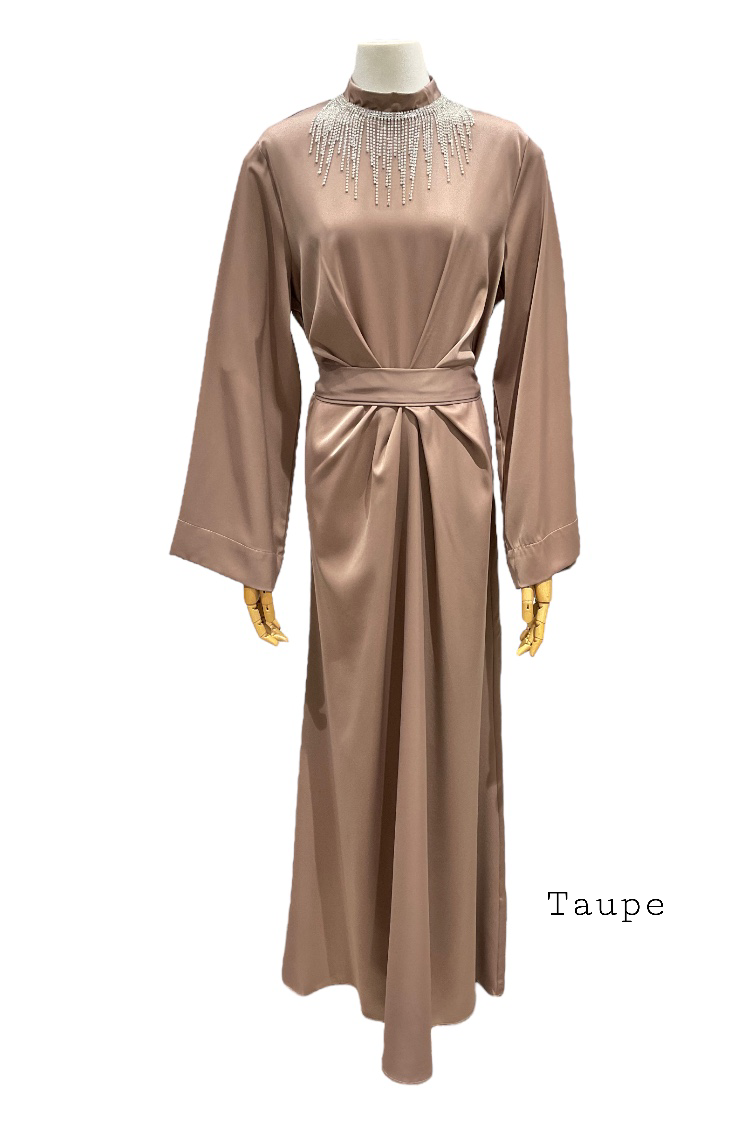 Mairie robe voile satin bijou strass taupe colorie mariage boutique femmes musulmanes 