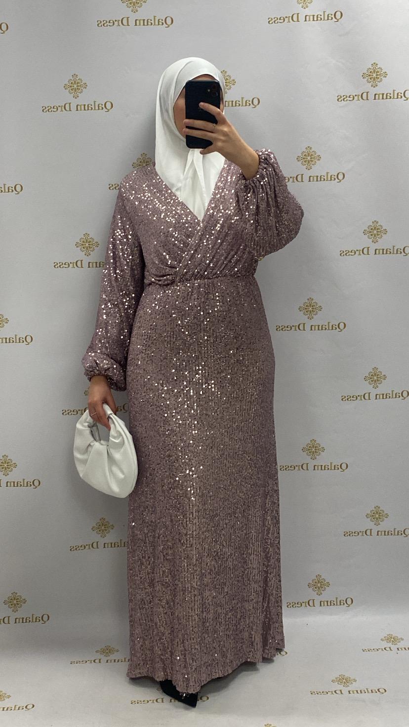 Robe Zahara pailleté sequins col cache coeur soirée mariage soir mariage abaya hijeb hijab tunique jilbeb mode modeste fashion qalam dress boutique musulmane femme voilées hijab france robe abaya blanche