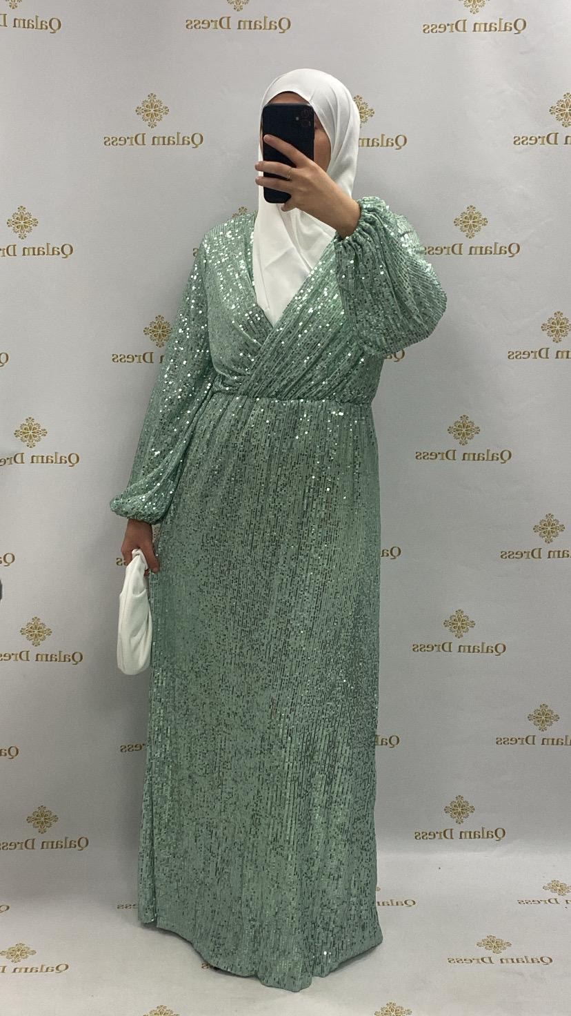 Robe Zahara pailleté sequins col cache coeur soirée mariage soir mariage abaya hijeb hijab tunique jilbeb mode modeste fashion qalam dress boutique musulmane femme voilées hijab france robe abaya blanche