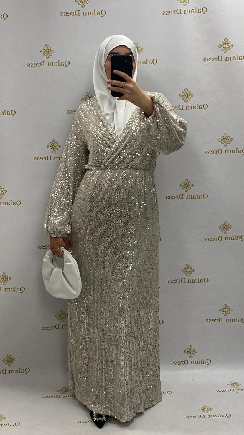Robe Zahara pailleté sequins col cache coeur soirée mariage soir mariage abaya hijeb hijab tunique jilbeb mode modeste fashion qalam dress boutique musulmane femme voilées hijab france robe abaya blanche
