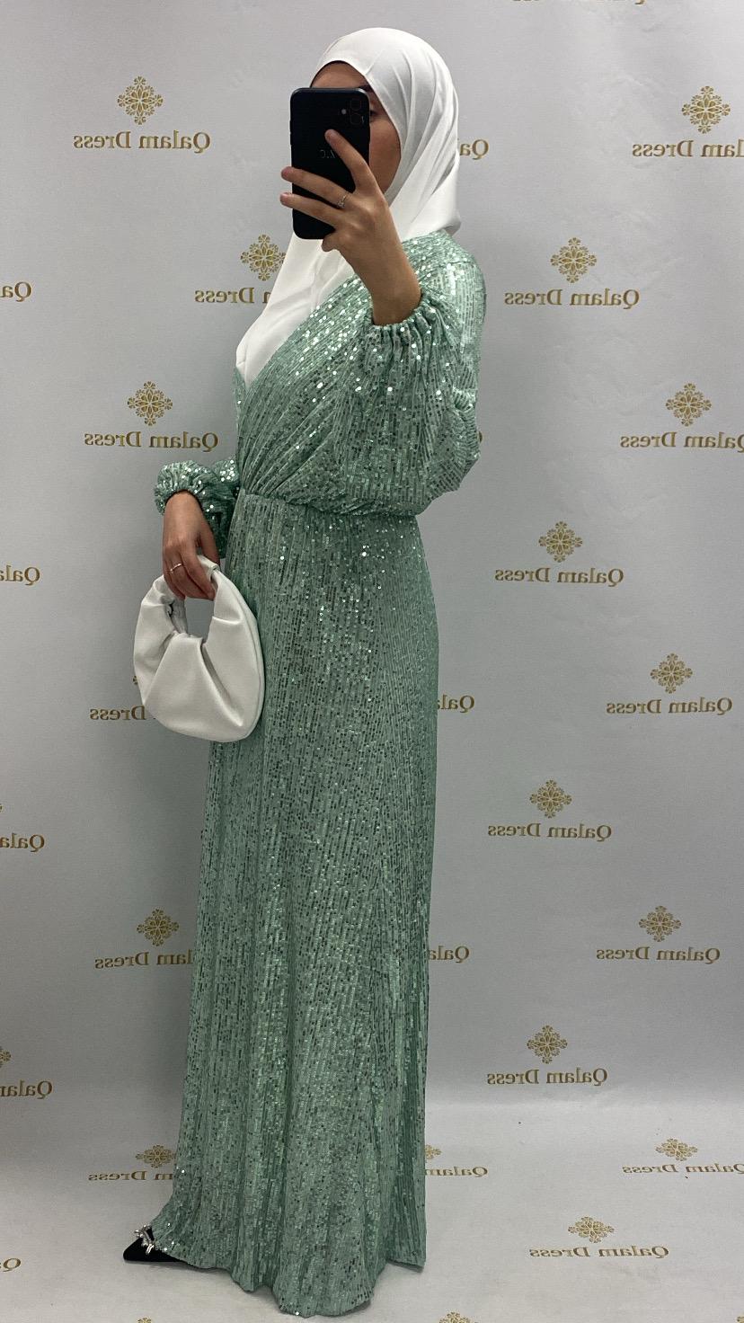 Robe Zahara pailleté sequins col cache coeur soirée mariage soir mariage abaya hijeb hijab tunique jilbeb mode modeste fashion qalam dress boutique musulmane femme voilées hijab france robe abaya blanche