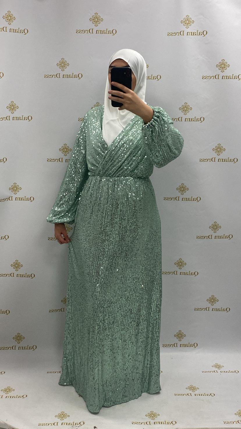 Robe Zahara pailleté sequins col cache coeur soirée mariage soir mariage abaya hijeb hijab tunique jilbeb mode modeste fashion qalam dress boutique musulmane femme voilées hijab france robe abaya blanche