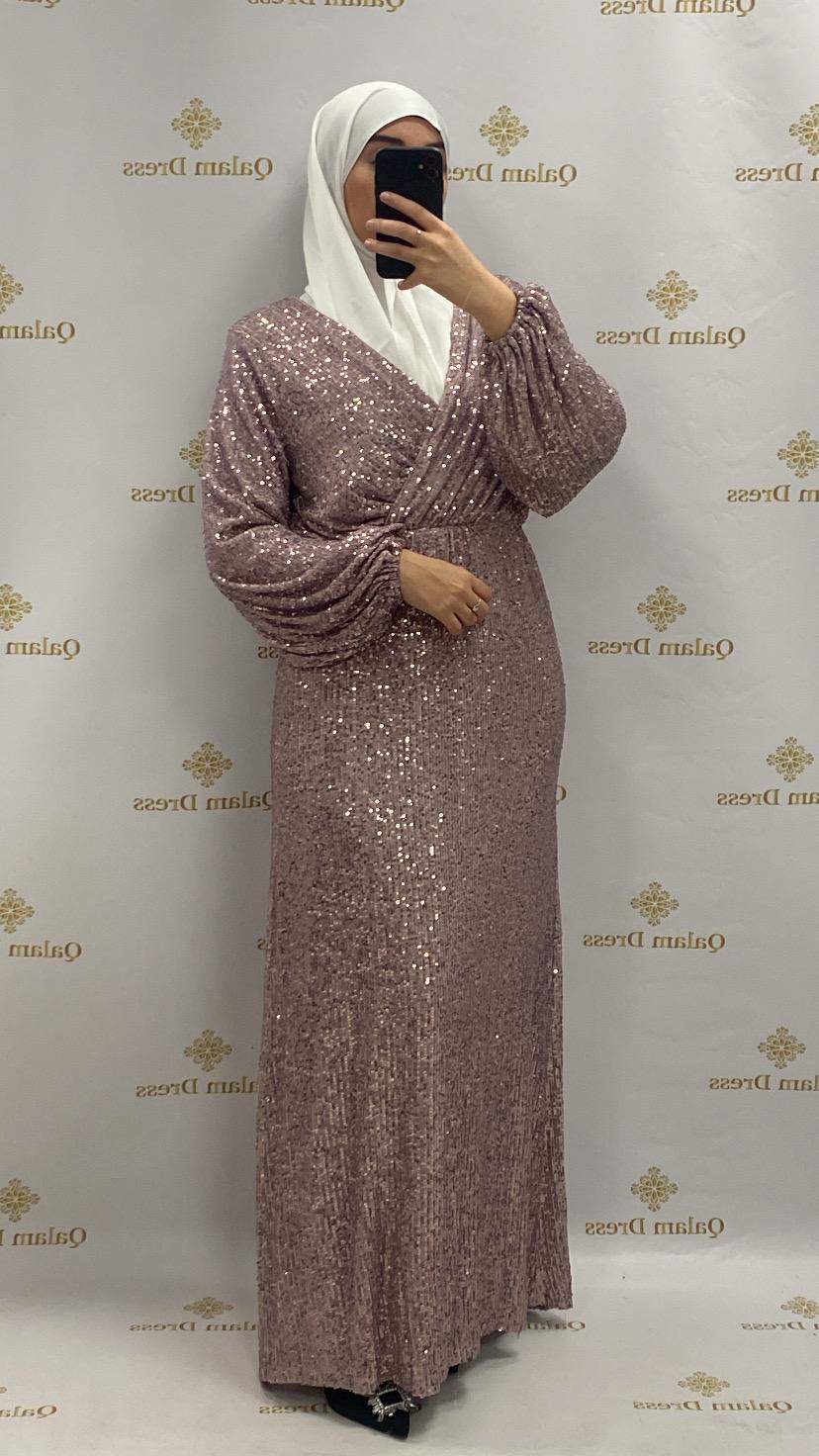 Robe Zahara pailleté sequins col cache coeur soirée mariage soir mariage abaya hijeb hijab tunique jilbeb mode modeste fashion qalam dress boutique musulmane femme voilées hijab france robe abaya blanche