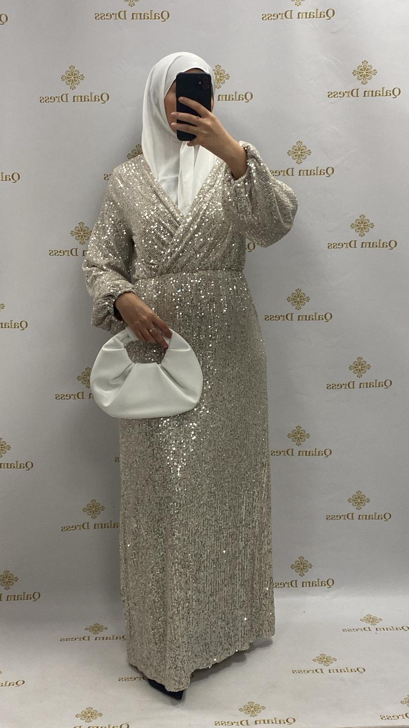 Robe Zahara pailleté sequins col cache coeur soirée mariage soir mariage abaya hijeb hijab tunique jilbeb mode modeste fashion qalam dress boutique musulmane femme voilées hijab france robe abaya blanche