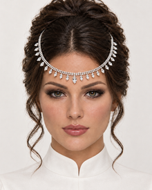 Bijou de tête argenté Noor centré sur un mannequin portant une robe blanche à col mao
