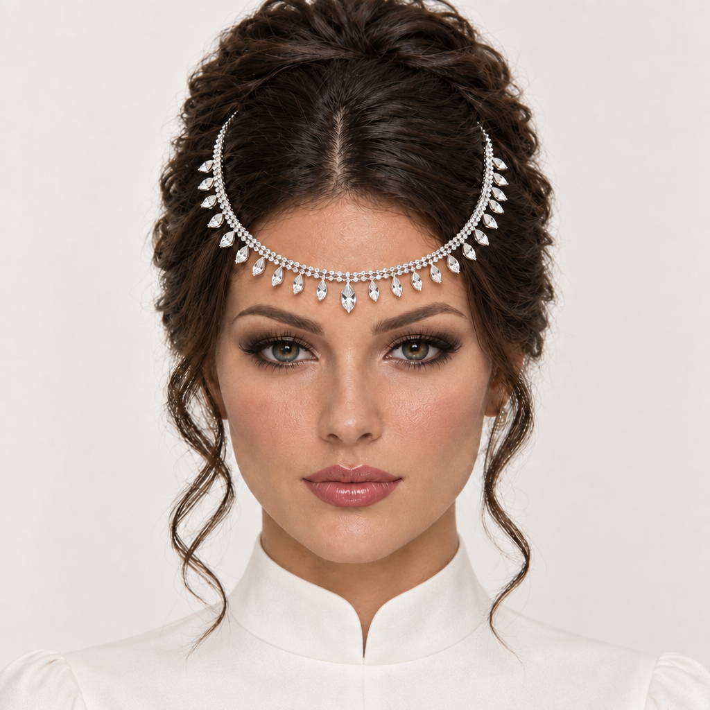 Bijou de tête argenté Noor centré sur un mannequin portant une robe blanche à col mao