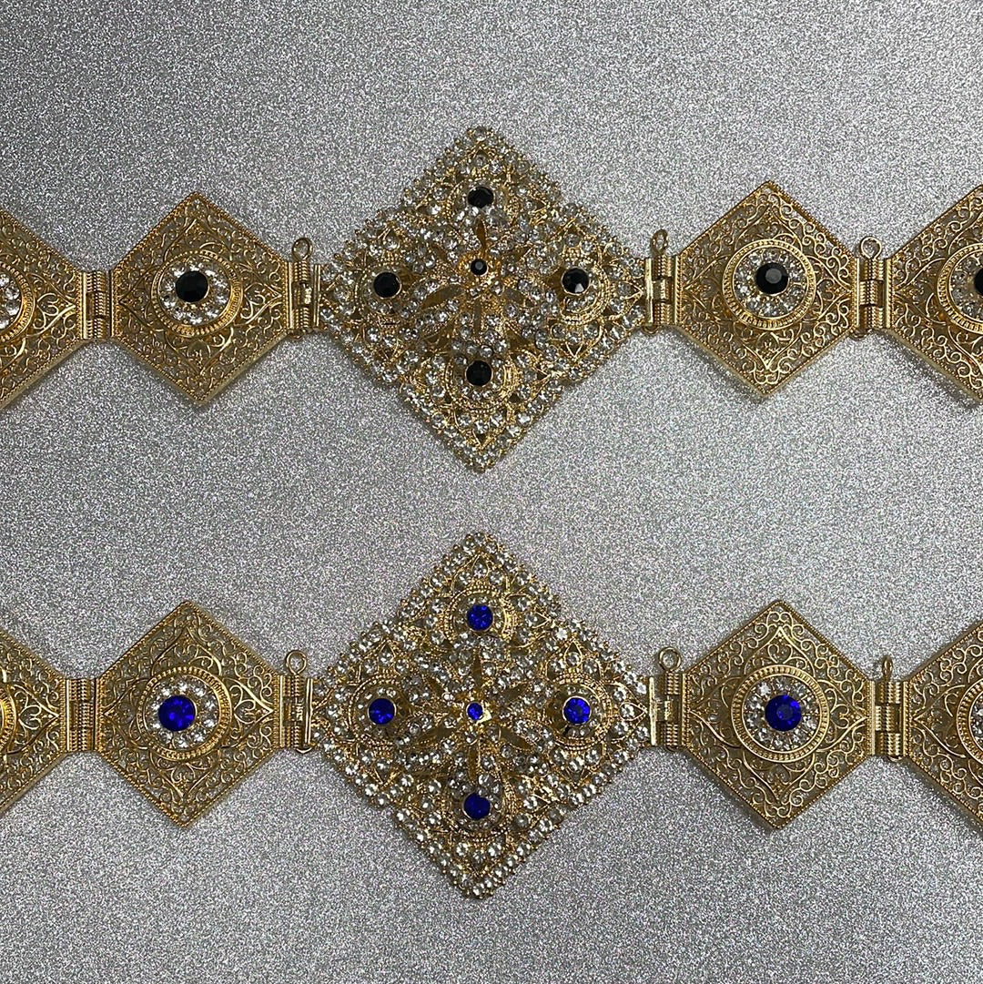 ceinture de caftan doré et strass bleu roi pour mariage  évènement 