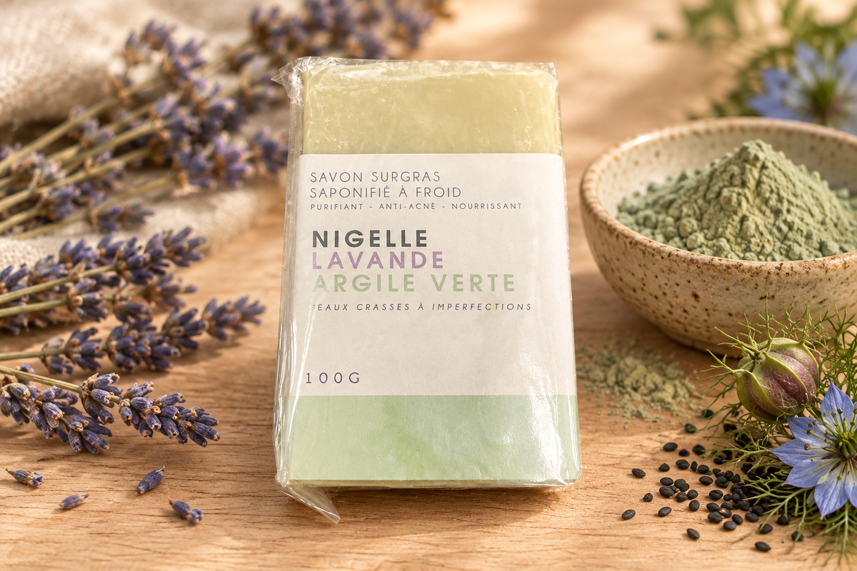 Savon surgras nigelle lavande argile verte sur fond bois avec lavande