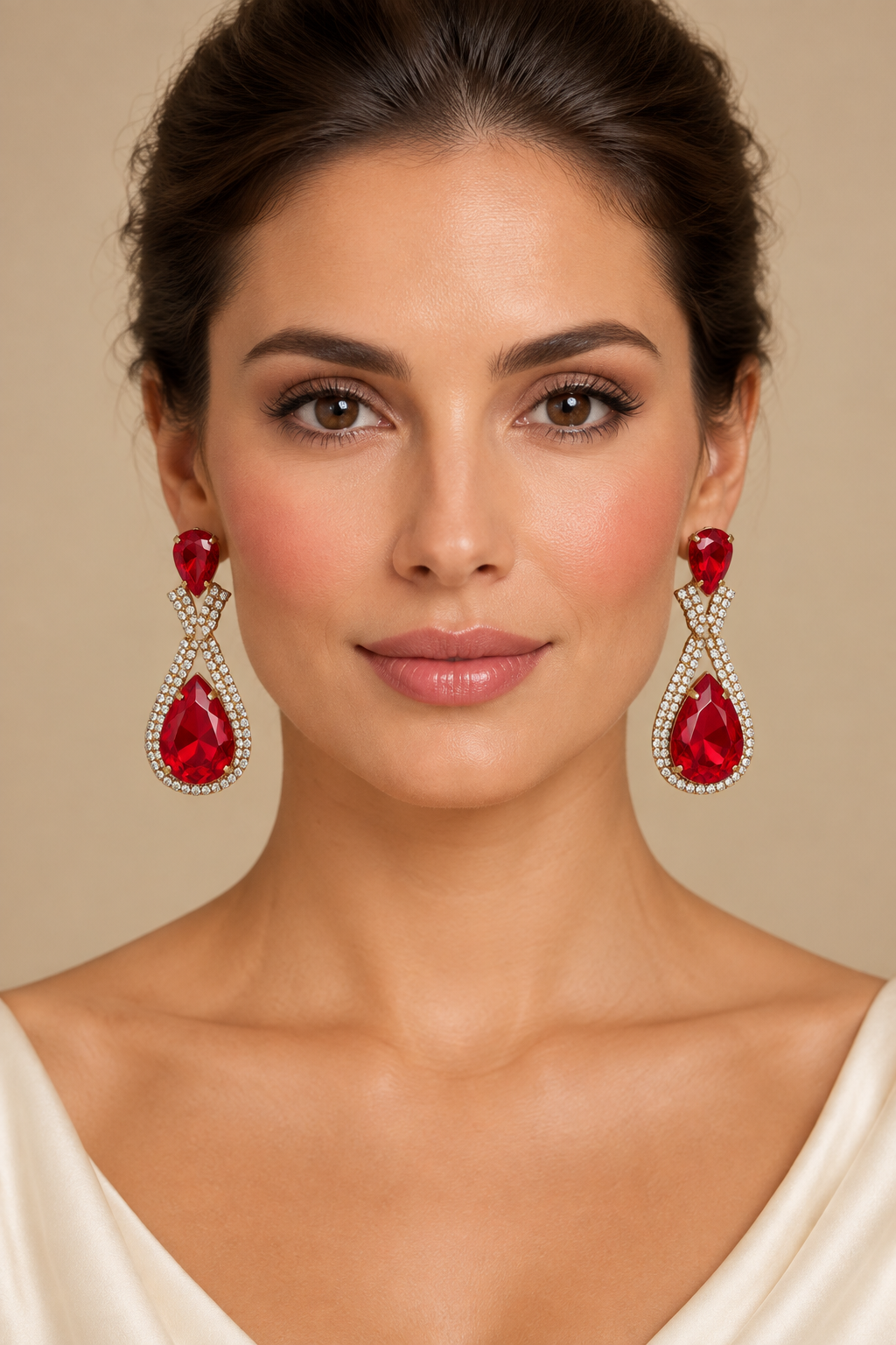 Mise en scène générée : paire de boucles rouges portée, taille illustrative