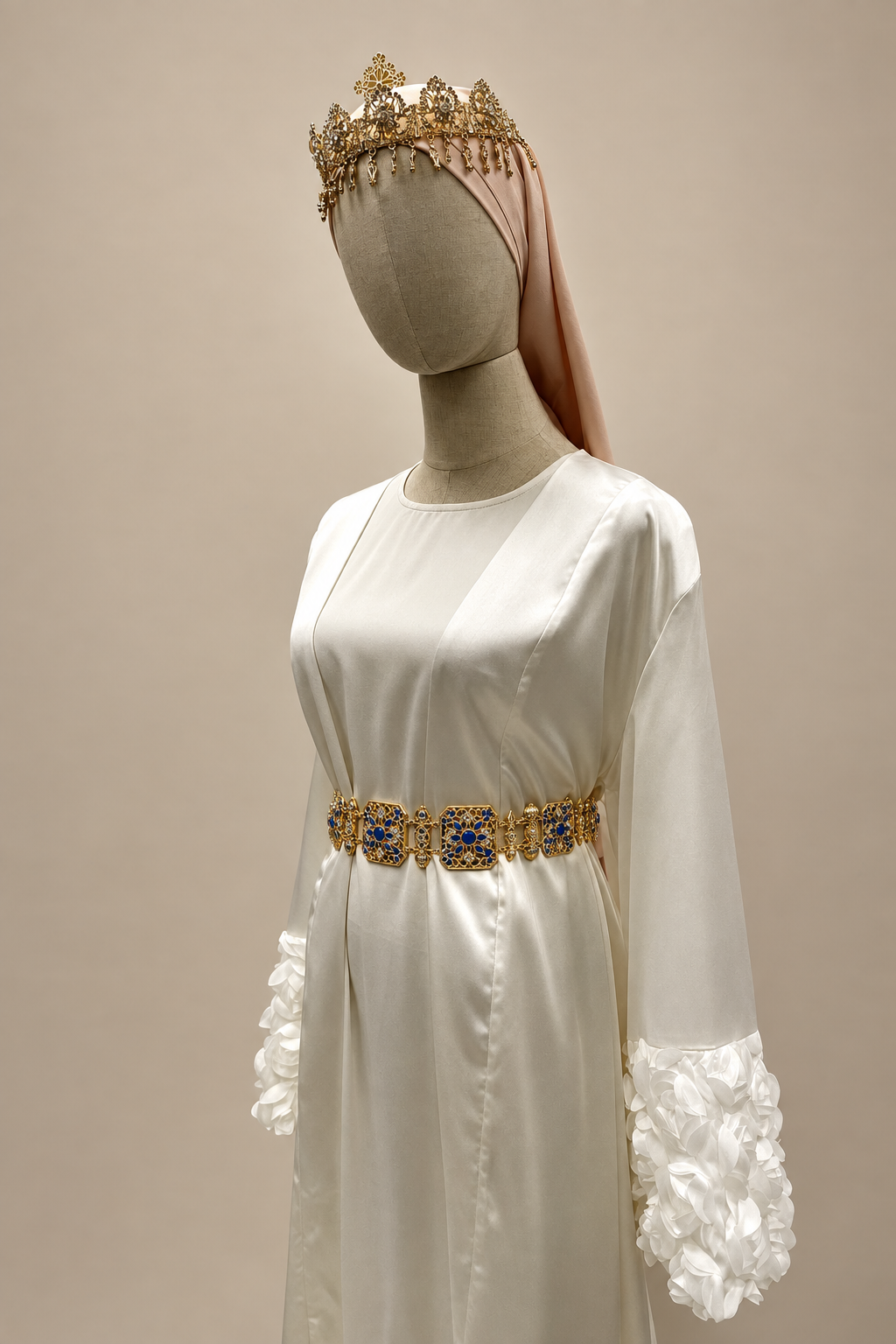Mannequin avec ceinture aux pierres bleues sur fond beige