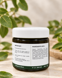 Dos du pot de masque au SIDR 200 g montrant la liste des ingrédients, les précautions de conservation et la mention fabriqué au Maroc