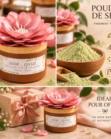 Montage de trois vues : pot de poudre de SIDR décoré d’une fleur rose, poudre verte dans un bol et pot à côté d’une boîte cadeau. sidr à offrir