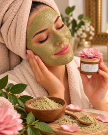 Illustration d’un rituel de soin du visage au SIDR, avec une femme portant un masque et tenant le pot qalam et sens orné d’une fleur rose