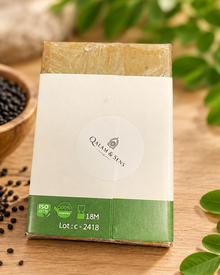 Savon nigelle moringa - vue dessus emballage, nouveau fond