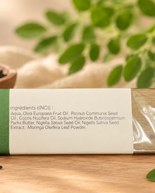 Savon nigelle moringa - vue profil ingrédients, nouveau fond