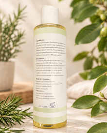 Dos du flacon de shampooing au SIDR et au romarin, avec la liste des ingrédients, les conseils d’utilisation et les précautions.