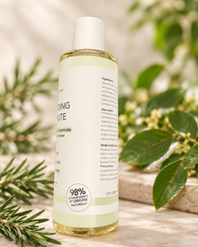  Vue de côté du flacon de shampooing au SIDR et au romarin, montrant la mention 98 % d’ingrédients d’origine naturelle sur l’étiquette.