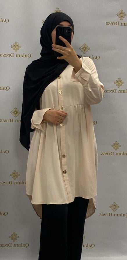 Tunique soie de Médine boutons doré abaya hijeb hijab tunique jilbeb mode modeste fashion qalam dress boutique musulmane femme voilées hijab france robe abaya blanche
