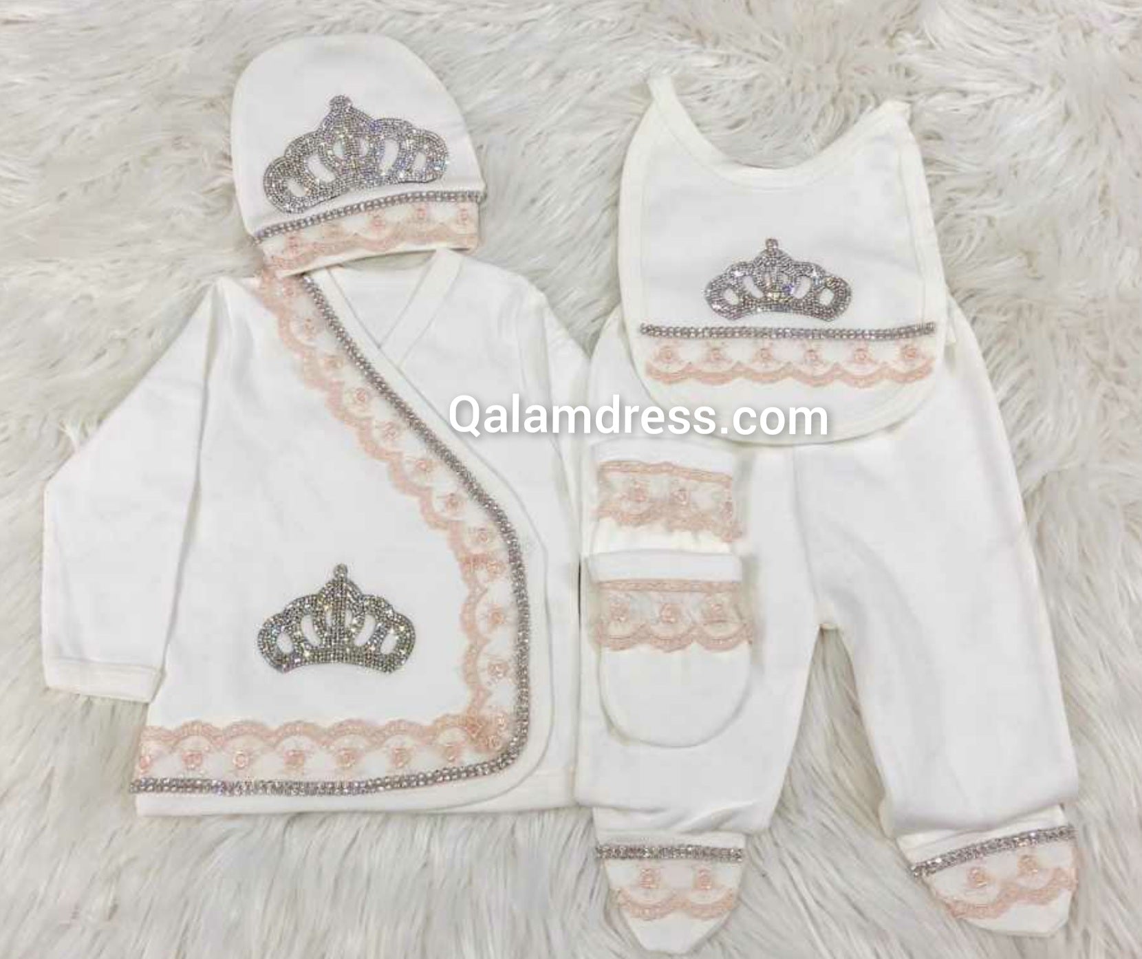 Ensemble bébé Dentelle & Cristal Luxury - BEIGE ROSE dentelle - Tenues de fêtes & baptême 5 Pièces / Fille