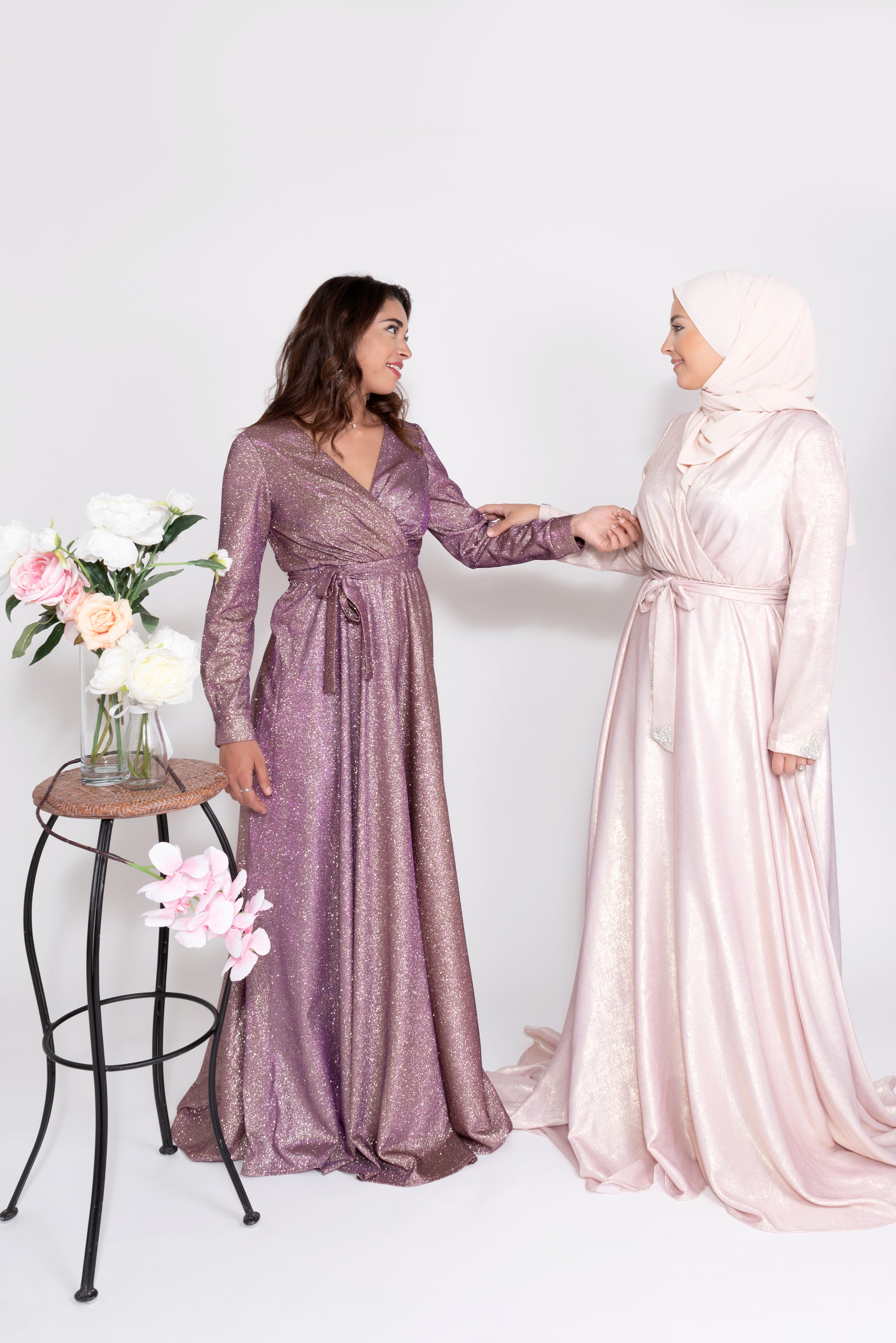 Robe du Soir Shiny Création Satin Rose clair reflets doré