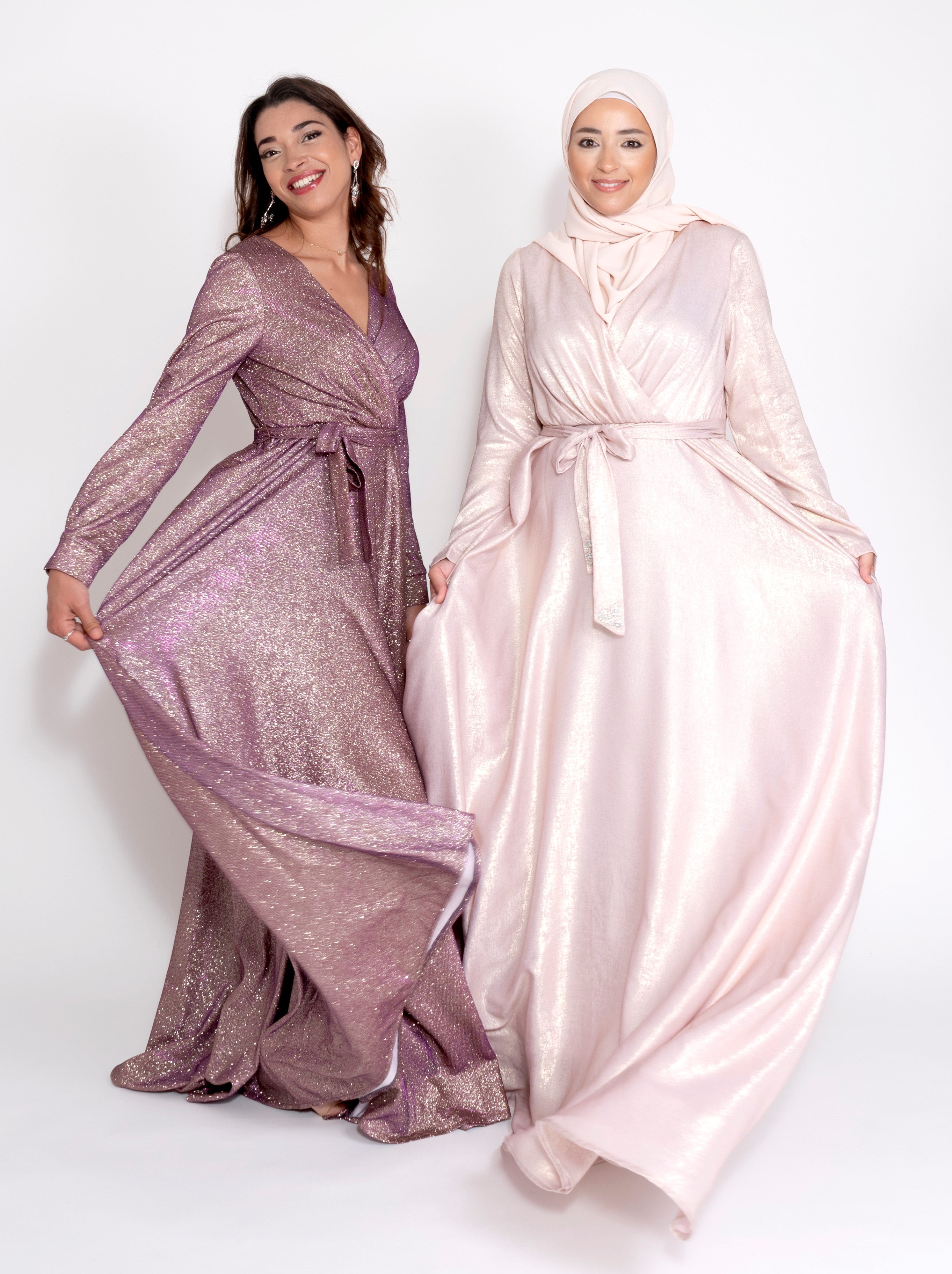 Robe du Soir Shiny Création Satin Rose clair reflets doré
