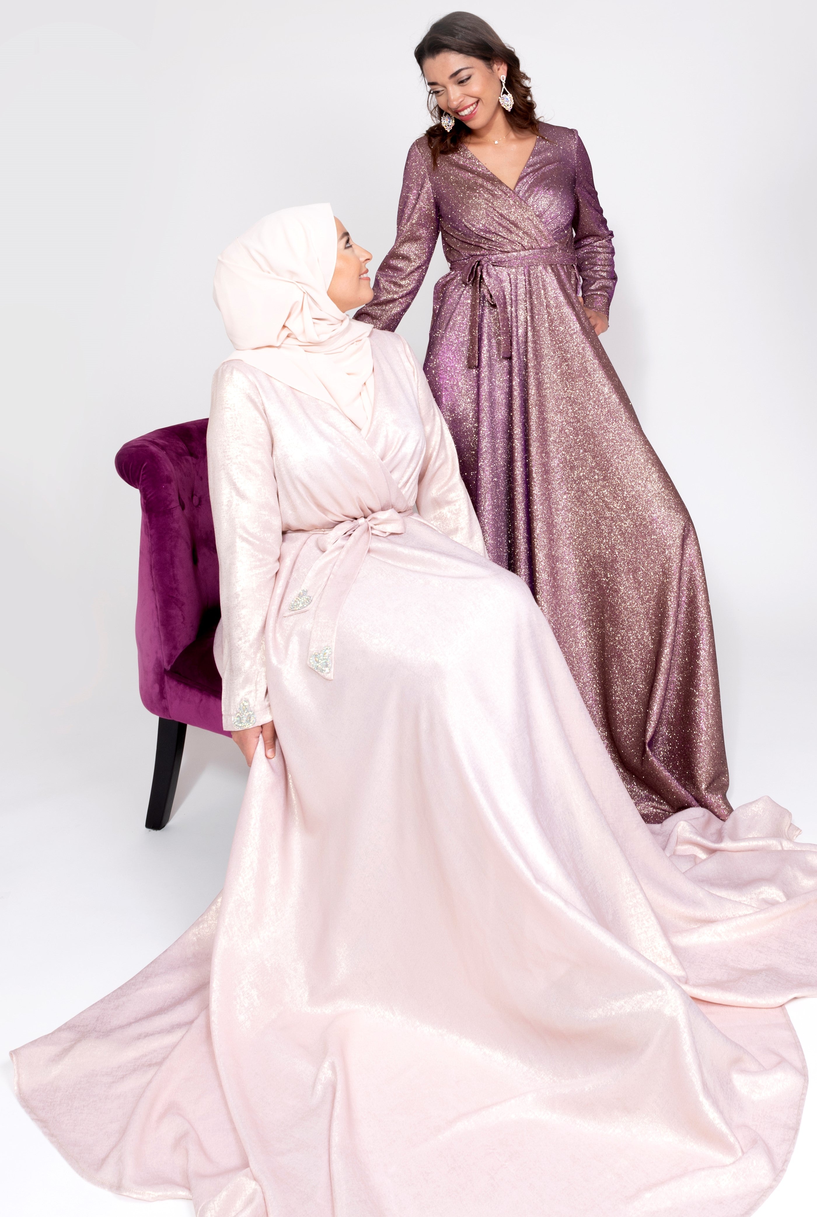 Robe du Soir Shiny Création Satin Rose clair reflets doré