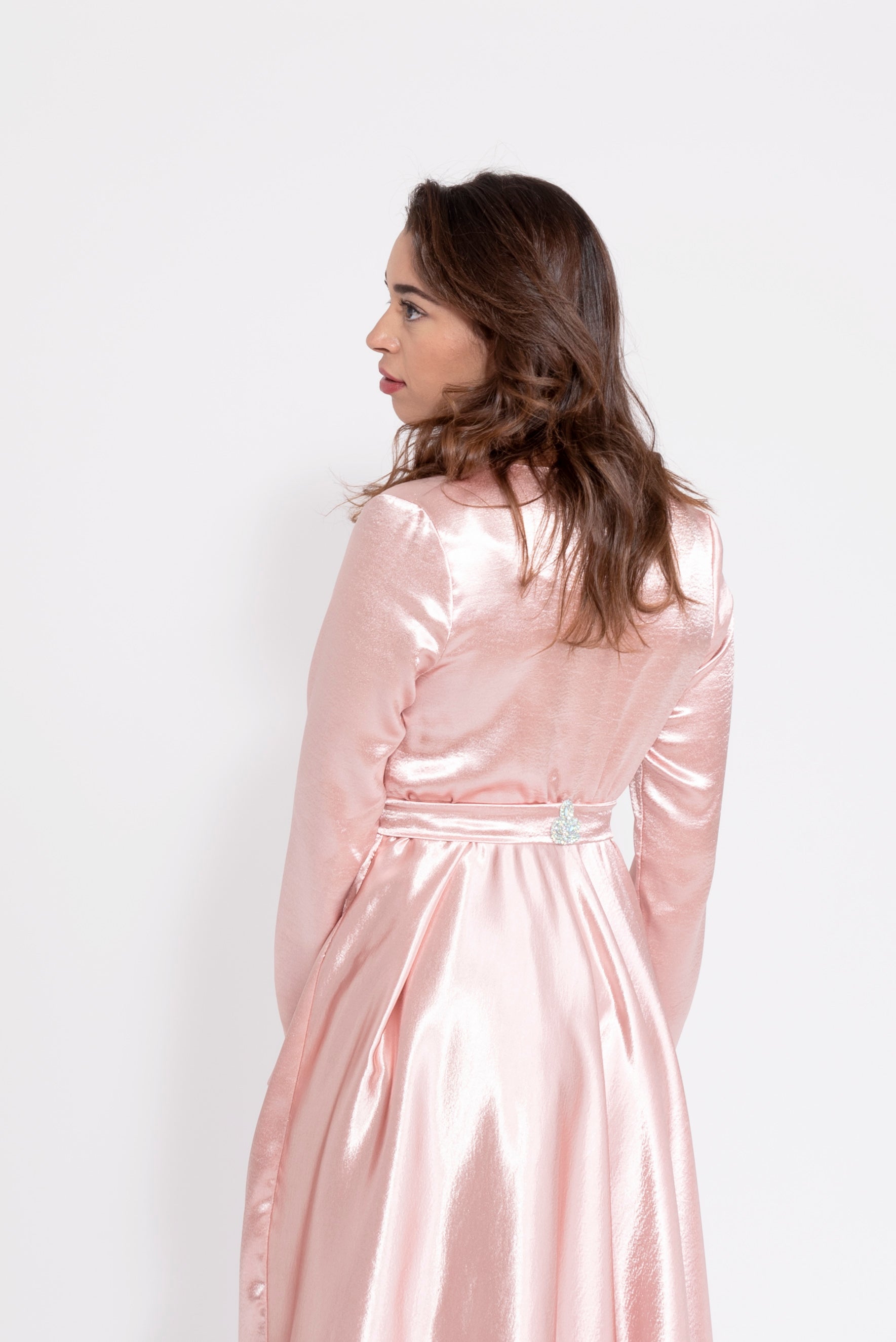 Robe du Soir Shiny Création Satin Glacé Rose clair - Tendance Hijab