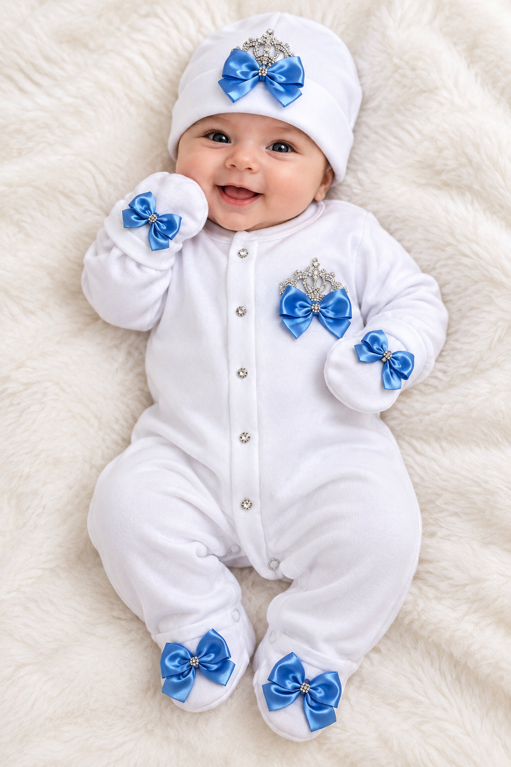 Ensemble bébé garçon bleu ciel 3 pièces avec nœud satiné et strass