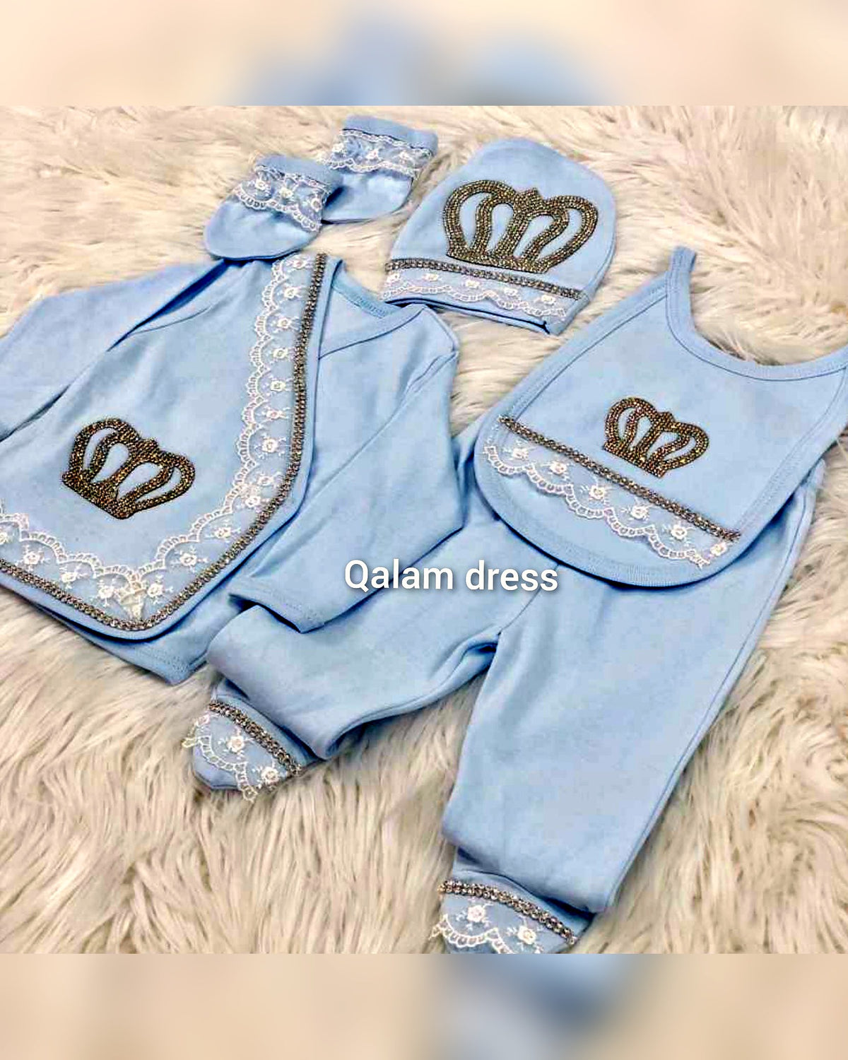 Ensemble bébé garçon bleu ciel 5 pièces à strass pour cérémonie et circoncision
