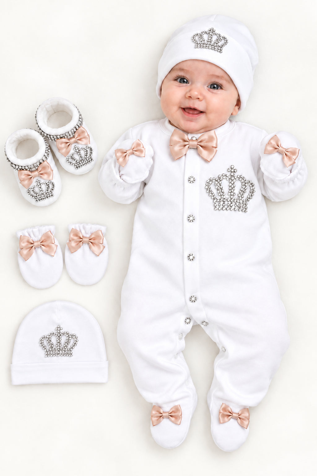 Ensemble bébé Cristal Luxury rose nude à strass et nœuds satinés