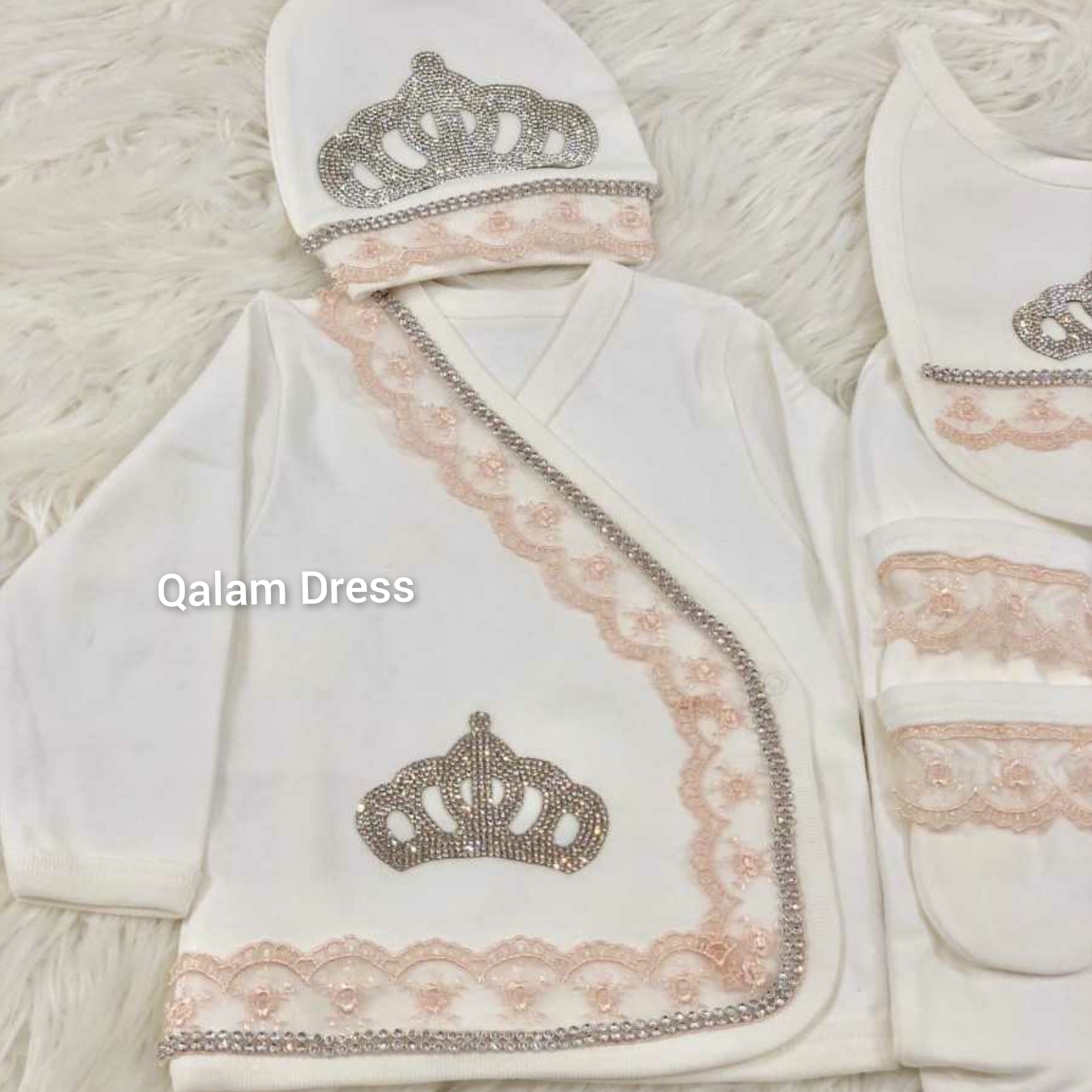 Ensemble bébé Dentelle & Cristal Luxury - BEIGE ROSE dentelle - Tenues de fêtes & baptême 5 Pièces / Fille