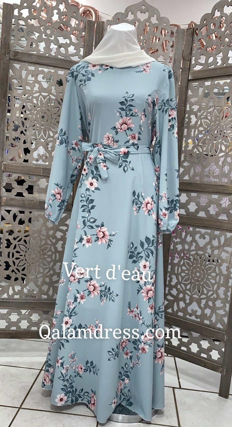 abaya hijeb hijab tunique jilbeb mode modeste fashion qalam dress boutique musulmane femme voilées hijab france robe abbaya fleur ceinture
