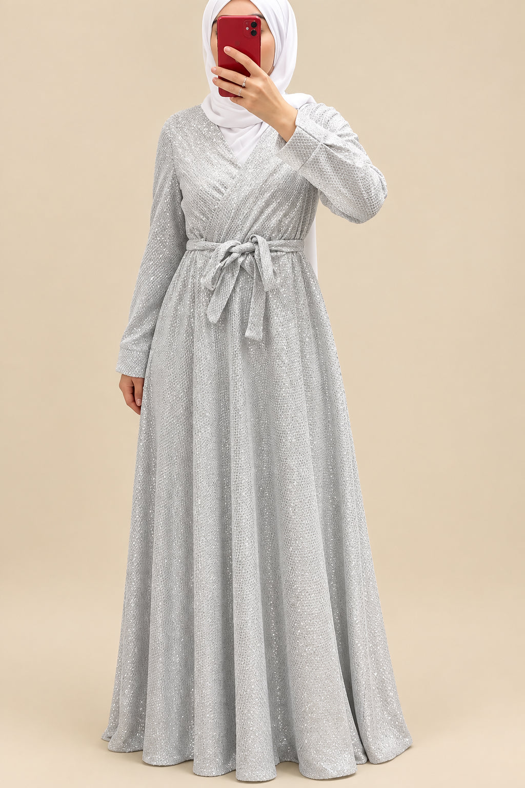 robe du soir soiree hijab blanc argent brillant